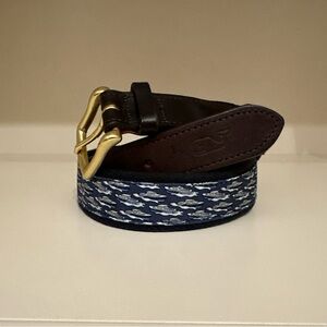 Vineyard Vines Men’s Belt S 32 Boat Blue Canvas Print Brown Leather Brass Buckle